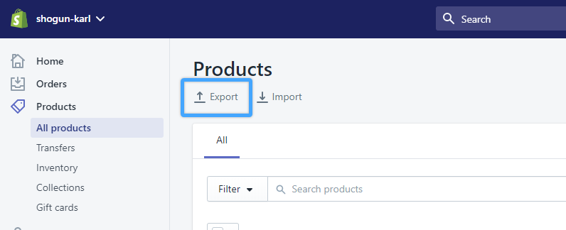 exporting products from Shopify