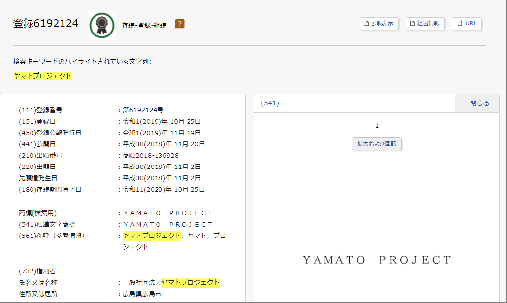 「YAMATO PROJECT」商標登録情報