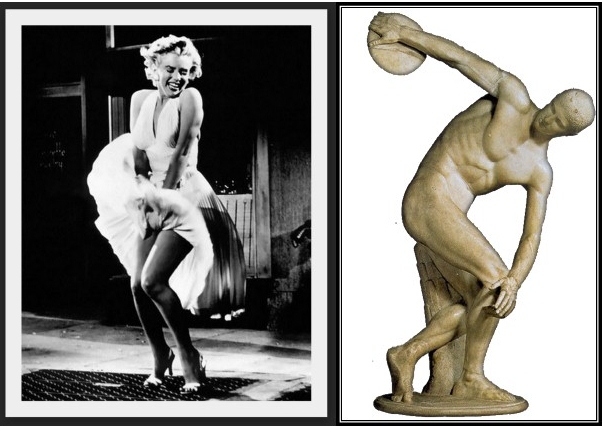 Imagem à esquerda: Marilyn Monroe, atriz estadunidense e à direita: Discóbolo, uma estátua do escultor grego Míron, que representa um atleta momentos antes de lançar um disco.