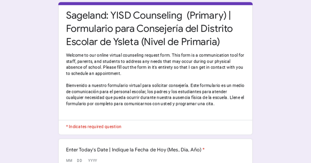 Sageland: YISD Counseling (Primary) | Formulario para Consejería del Distrito Escolar de Ysleta (Nivel de Primaria)