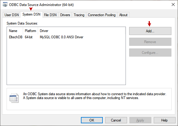 PostgreSQL ODBC Driver: ODBC Data Source Administrator