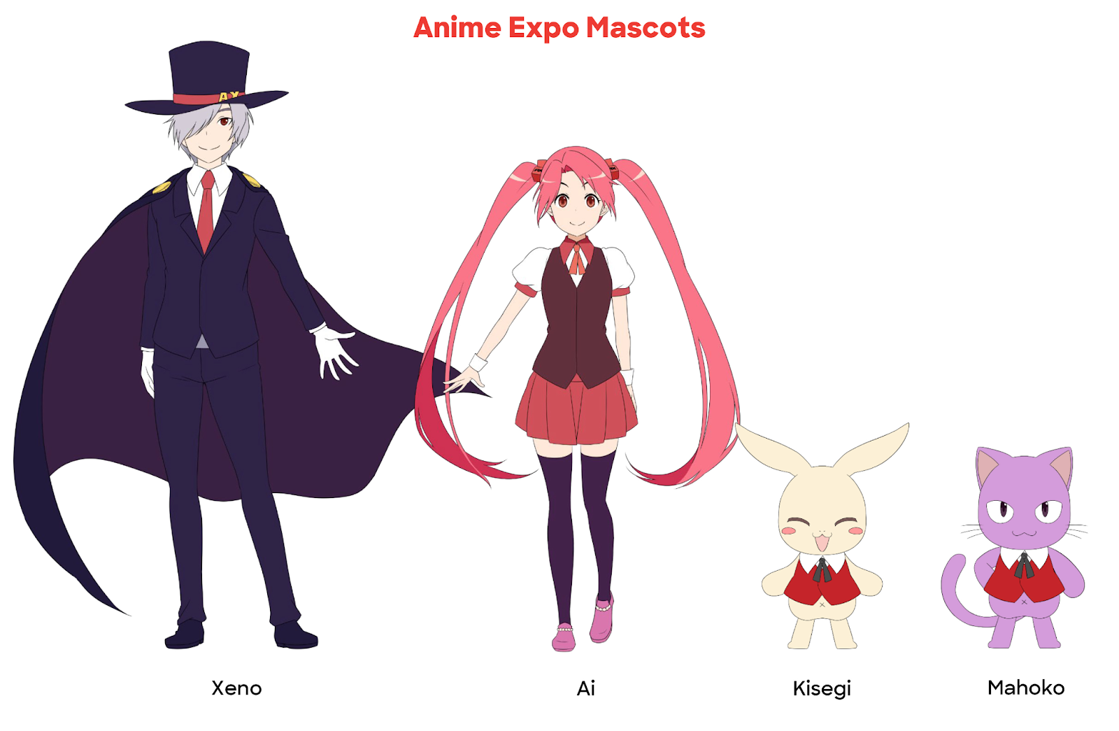 Anime Expo Mascots: Xeno, Ai, Kisegi, and Mahoko