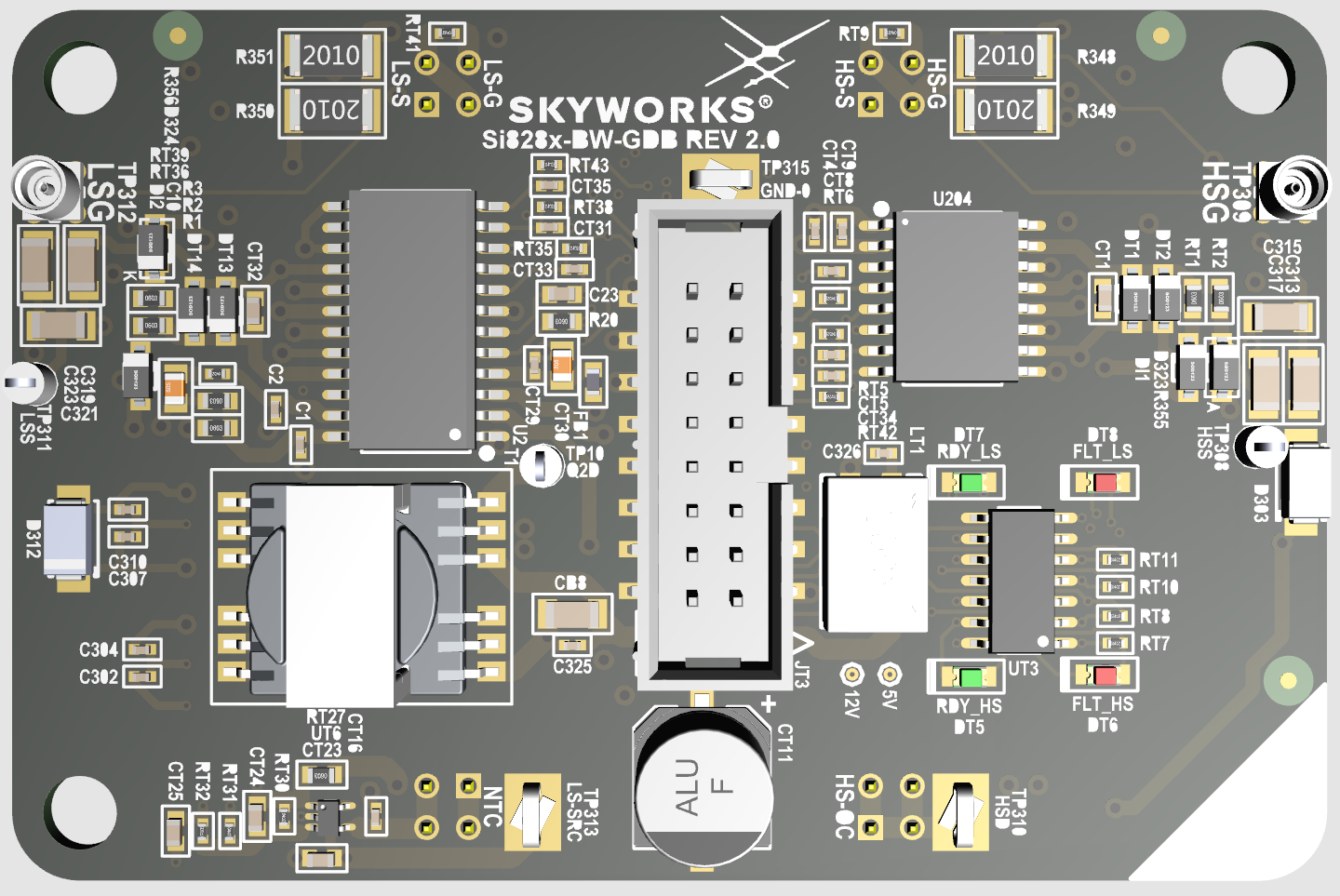 Skyworks’ Si828x gate driver board designed to work with Wolfspeed’s 1700 V XM3 SiC FET. Image used courtesy of Skyworks