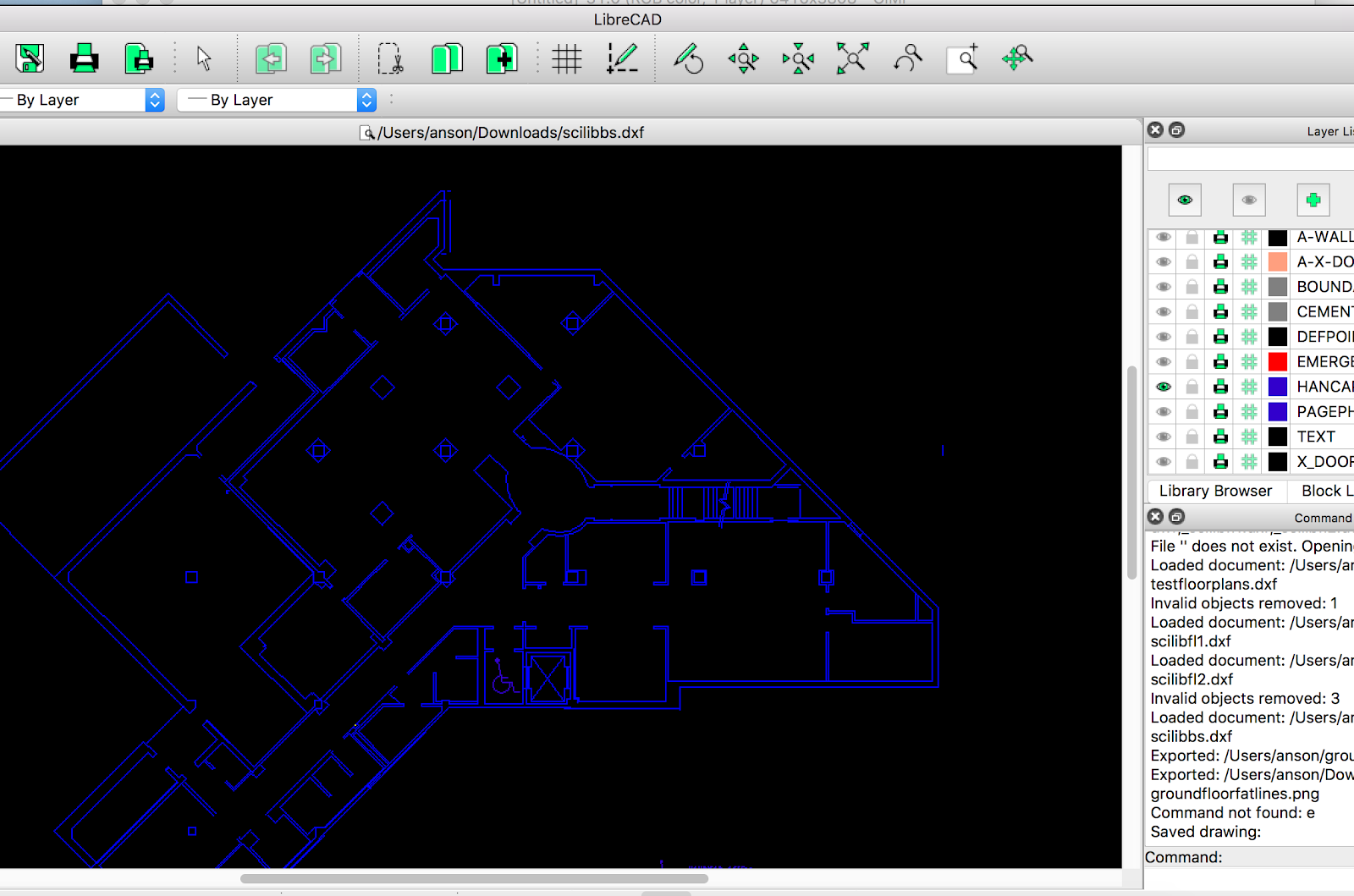 screenshot of librecad - an open source CAD design system where the outline of the library is visible