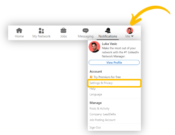 Opening settings and privacy options on LinkedIn