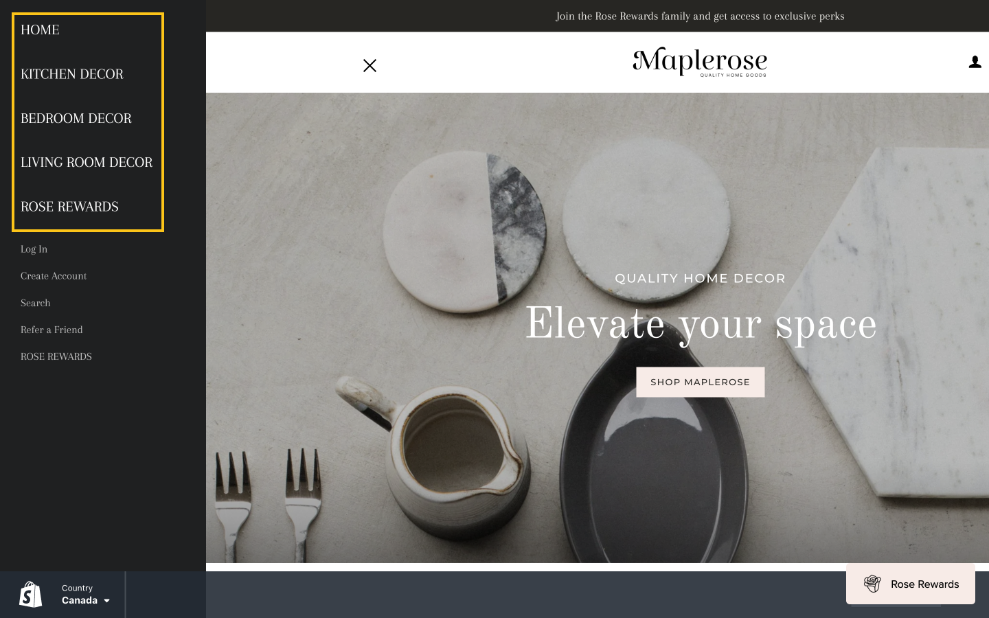 Improve Ecommerce SEO–A screenshot of Maplerose’s homepage showing their main menu navigation and the various pages: Home, Kitchen Decor, Bedroom Decor, Living Room Decor, and Rose Rewards. 