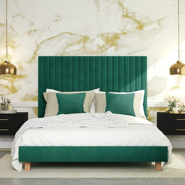 Green bedframe with panel headboard