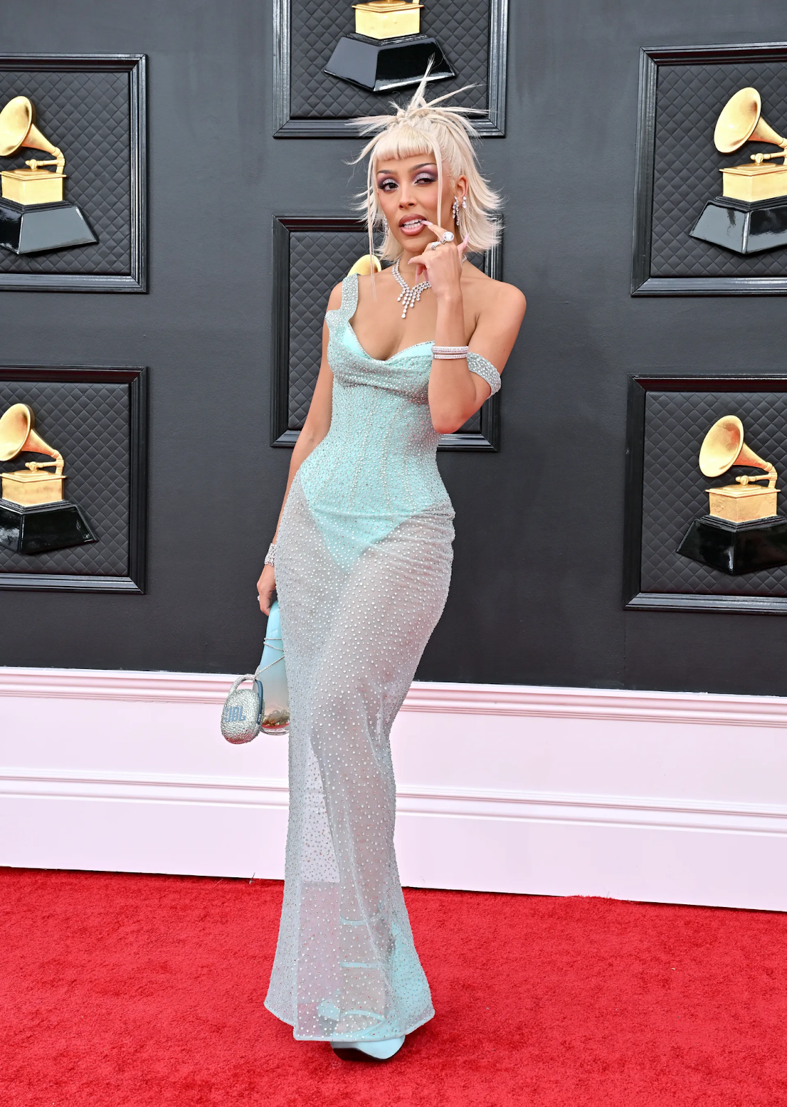 lady wearing sheer dress at the Grammys red carpet