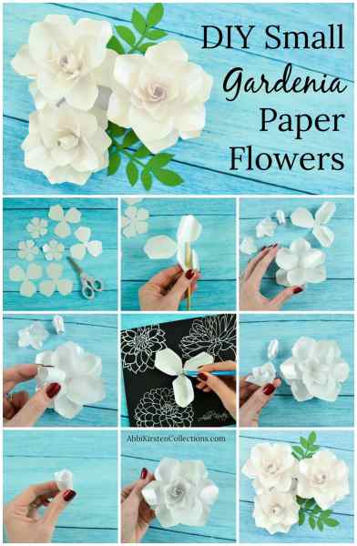 How to make small DIY paper gardenia flowers. Create beautiful paper gardenias for bouquets, arrangements and more. Step by step tutorial and templates. 