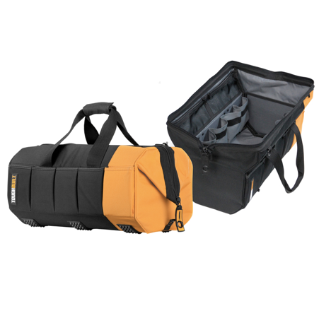 picture of a ToughBuilt Massive Mouth Tool Bag both opened and closed