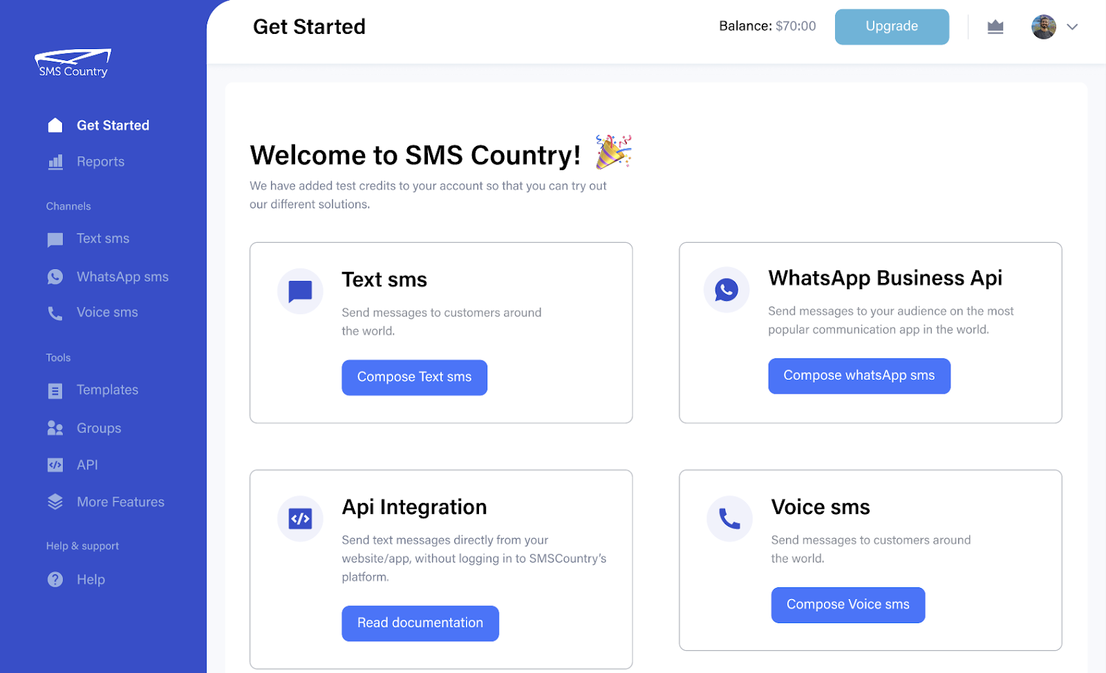 Best 6 Bulk SMS Service Providers In India | A webpage showing SMSCountry's various communication channels
