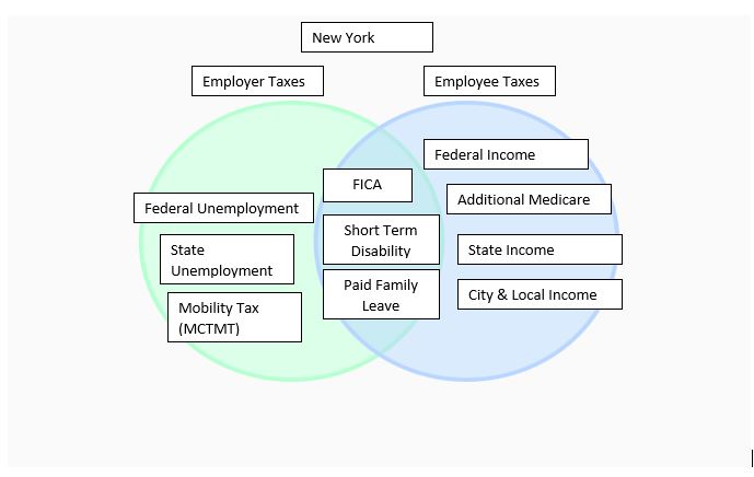 A Venn diagram of New York Employer vs Employee taxes