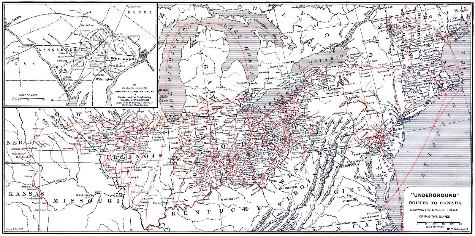 An 1898 map of Underground Railroad routes to Canada | Public domain via Wikimedia Commons