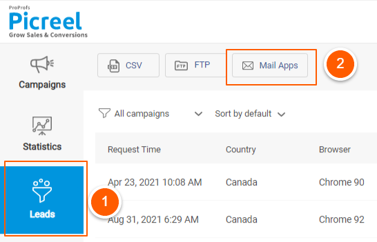 Navigating to Mail Apps from the Picreel dashboard