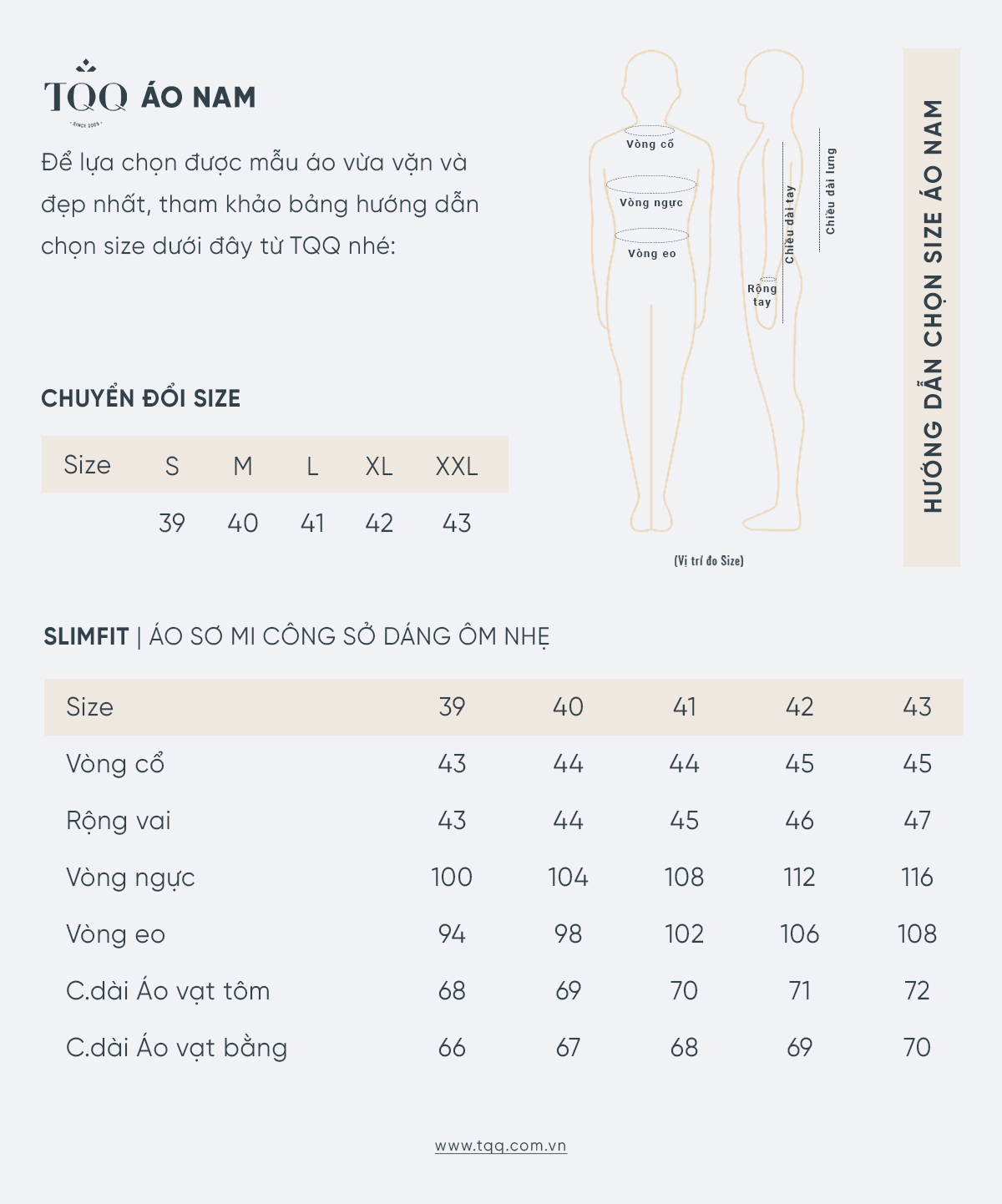 bảng size áo sơ mi slimfit cho nam