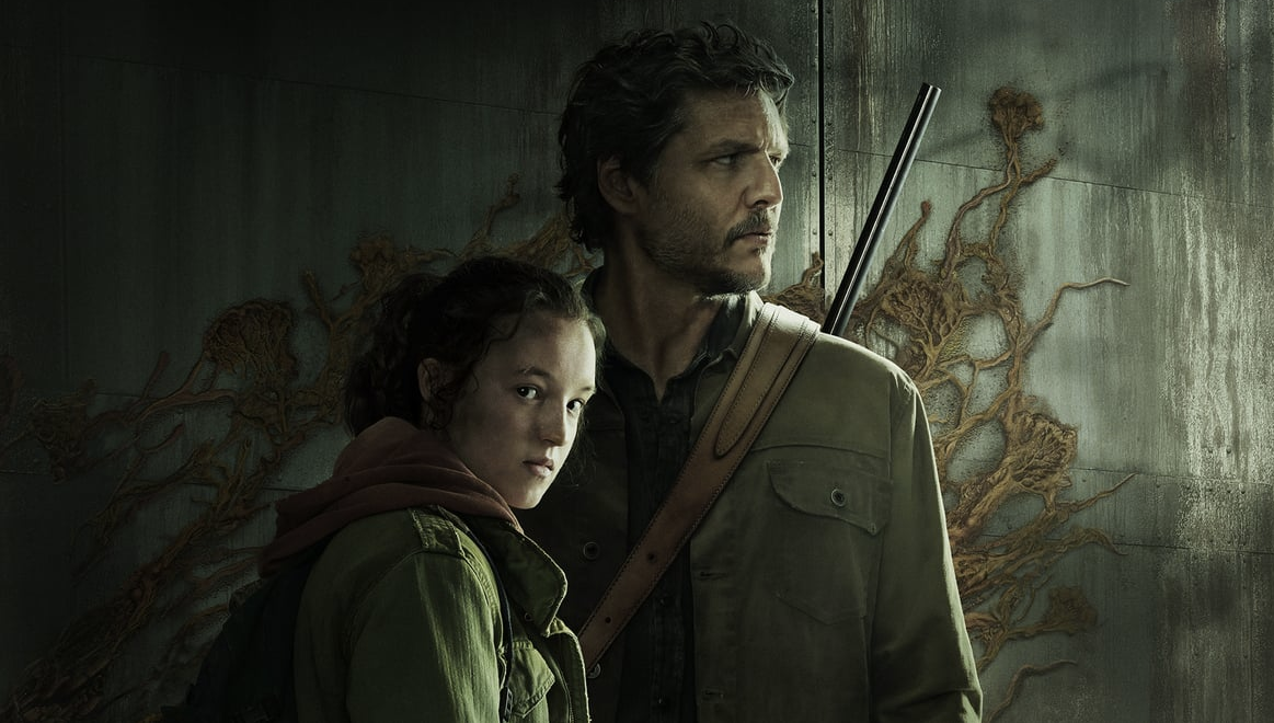 Joel and Elly in front of grey wall in The Last of Us show poster