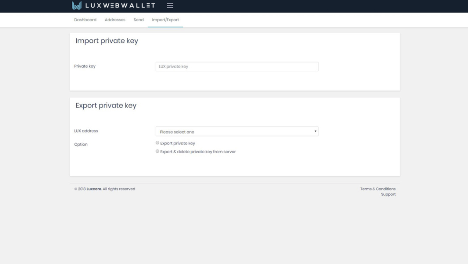 Import private key export private key luxcore wallet