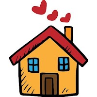 [Image is a light orange cartoon house with two blue windows, a brown door, a red roof, and red heart-shaped smoke coming out of the orange chimney.]