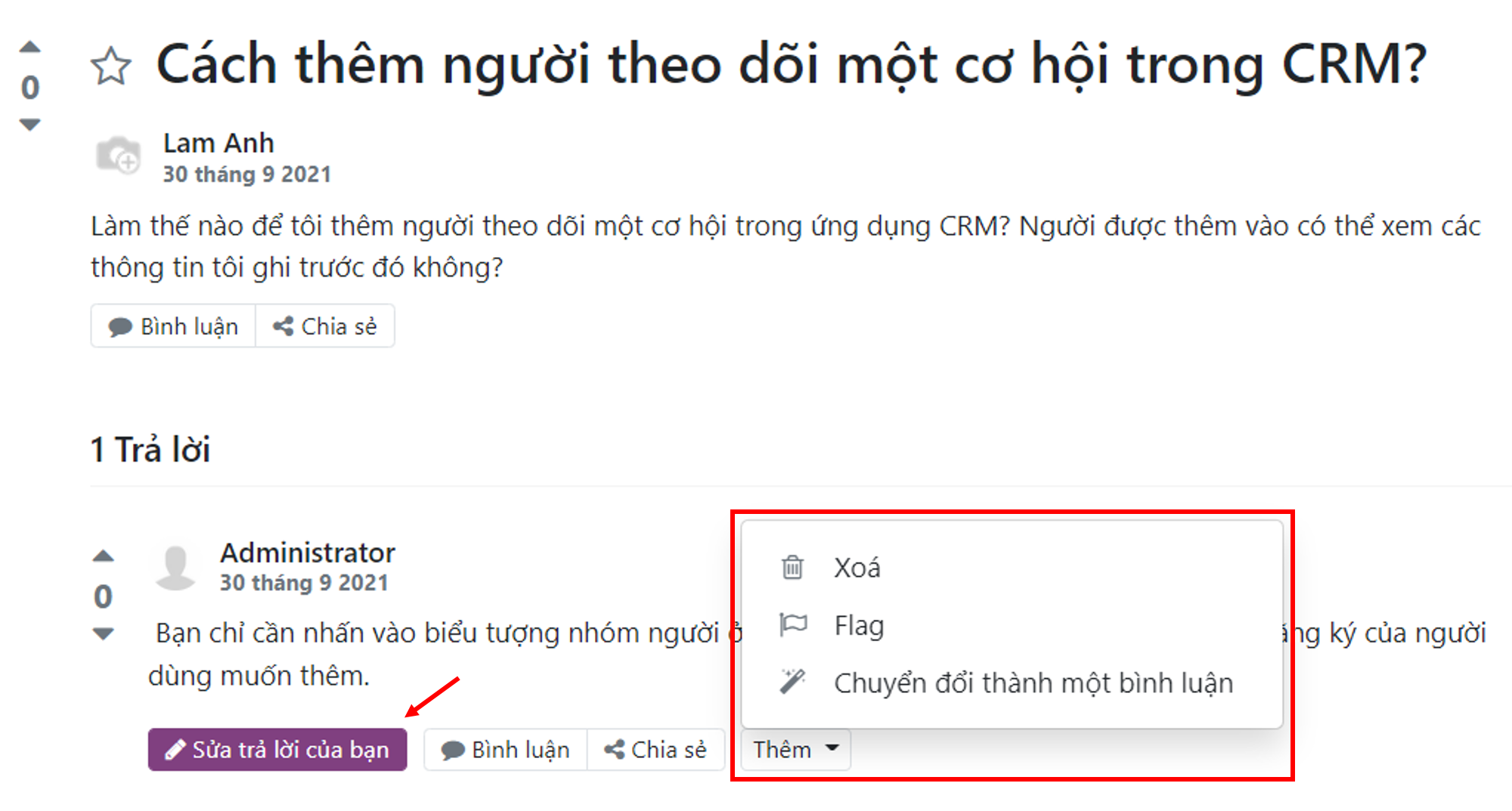 (Hình 4.4) Nhấn vào nút &quot;Thêm&quot; để Xóa/ Gắn cờ hoặc Chuyển câu trả lời thành một bình luận.