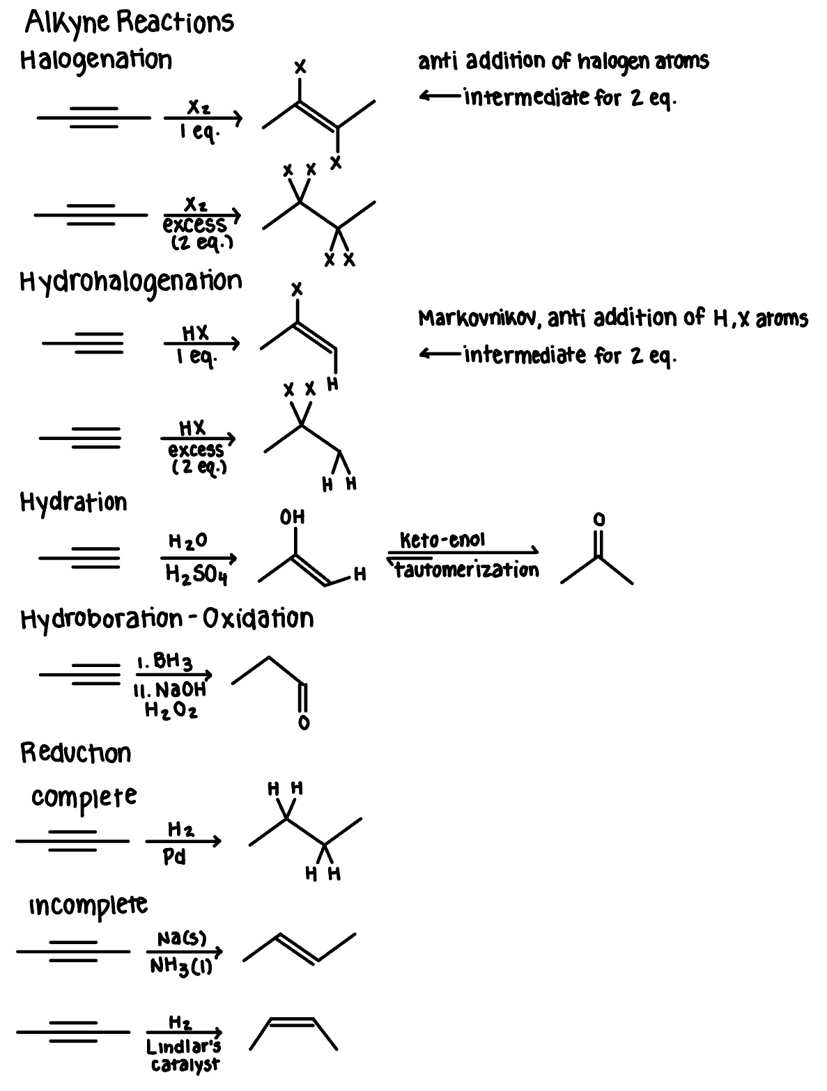 all alkyne reactions, including halogenation, hydrohalogenation, hydration, hydroboration-oxidation, and reduction