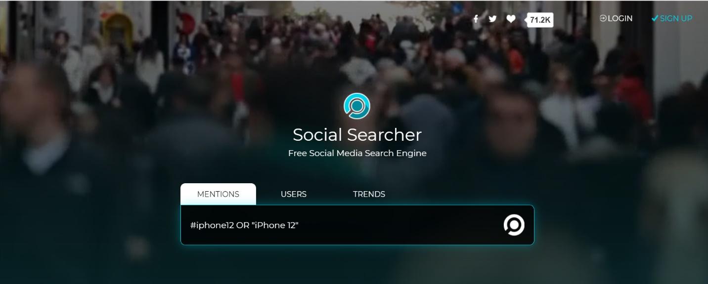 Social Searcher showing a search bar with three tabs