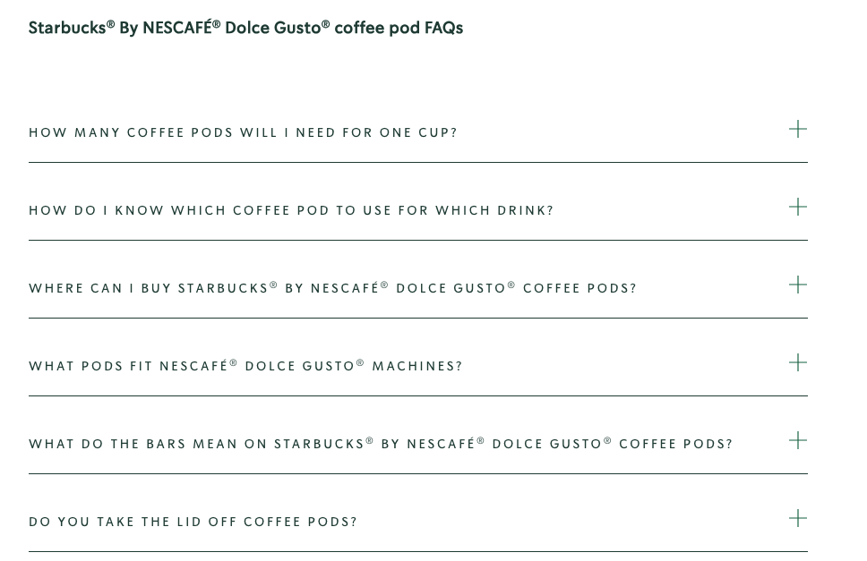 Starbucks FAQ pages