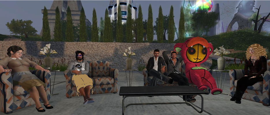 A computer graphic image of human and non-human avatars sitting around a patio at a party. iNFTs interacting in a zero marginal cost digital society might look like this.