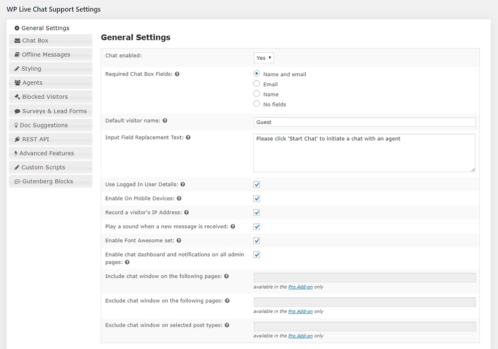 WP Live Chat Support Configurações gratuitas do plugin WordPress
