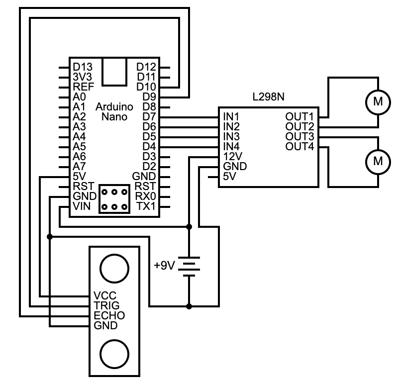 A circuit diagram of the Arduino robot with an ultrasonic sensor