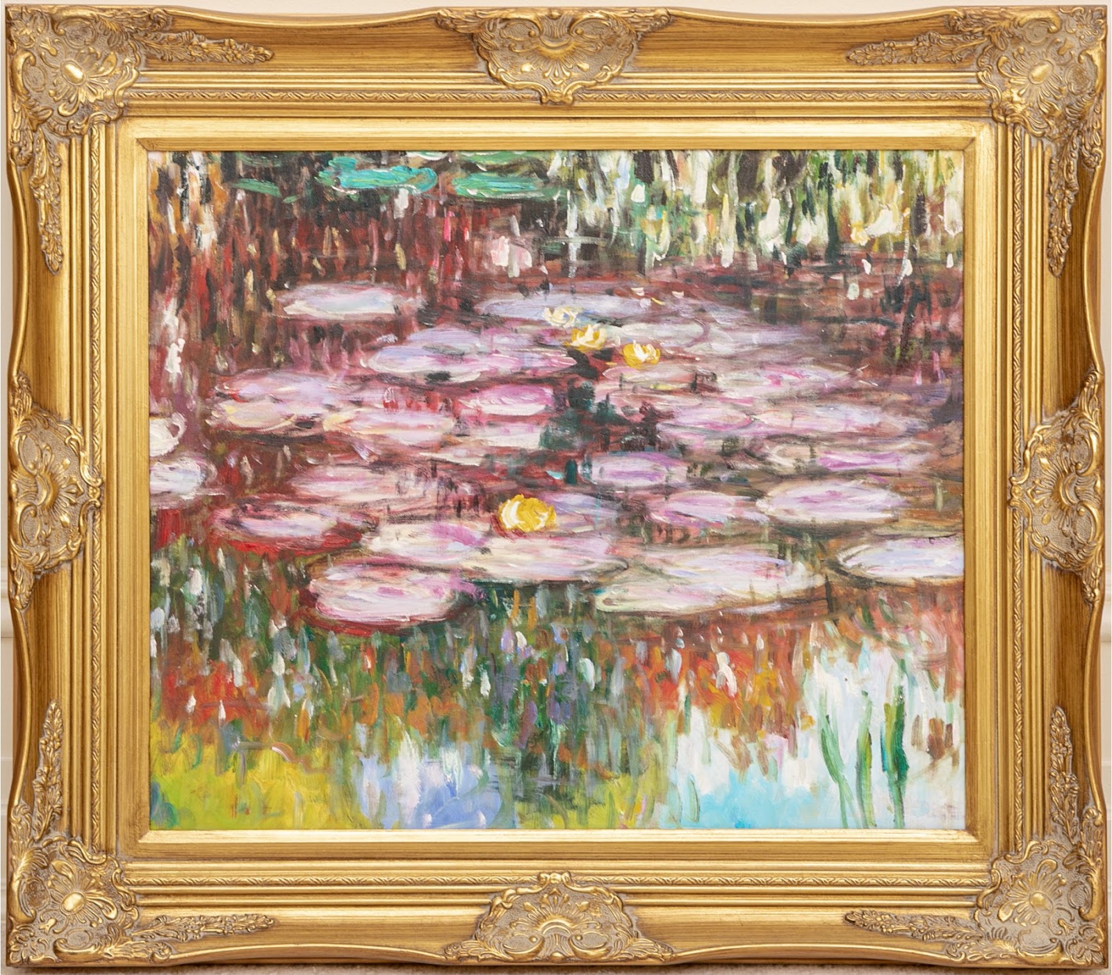 Hand Painted Oil on Canvas, Pink Lily Pads