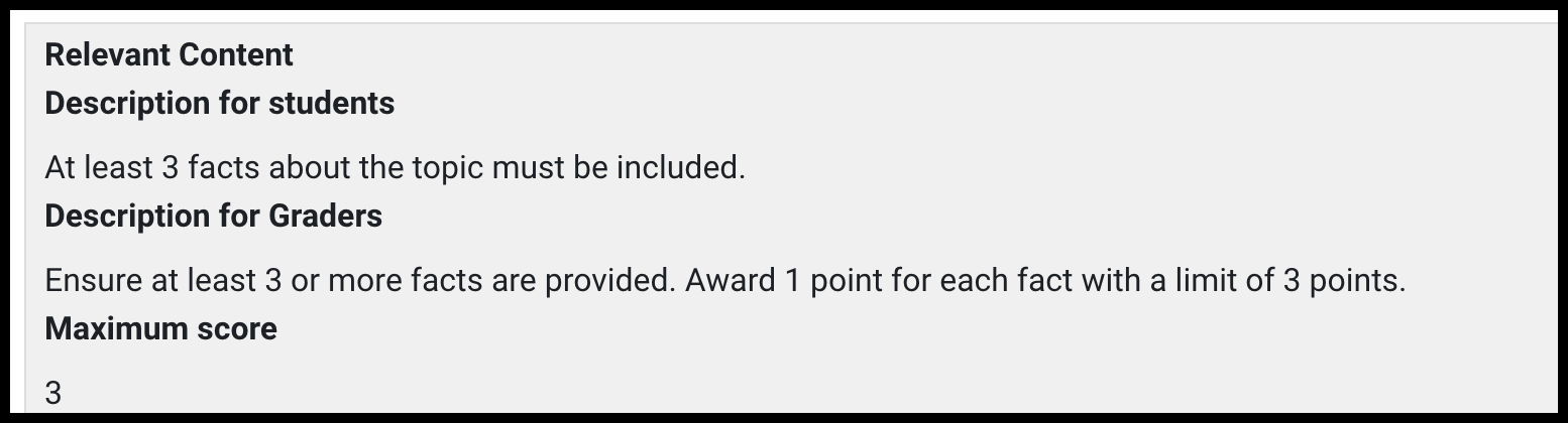 Portion of grading guide showing a criterion labeled Relevant Content with Description for students, Description for graders, and Maximum score information