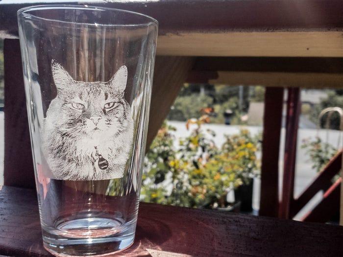 a pint glass with a long-haired cat etching