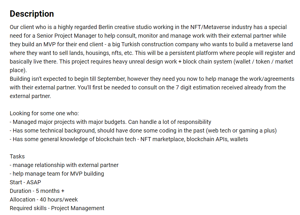 Job description of a project in the Metaverse industry