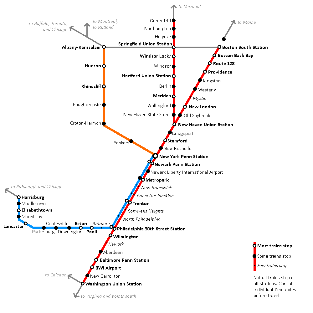 A diagram of Amtrak services running into New York. Services to Boston, Springfield/Greenfield, and Virginia are in red; services to Albany are in orange; services to Harrisburg via Philadelphia are in light blue. The legend indicates three "tiers" of stops: "most trains stop," "some trains stop" and "few trains stop", and a note at the bottom says "Not all trains stop at all stations. Consult individual timetables before travel." A textual description of which tier each station on each services falls into is included at the end of this post.