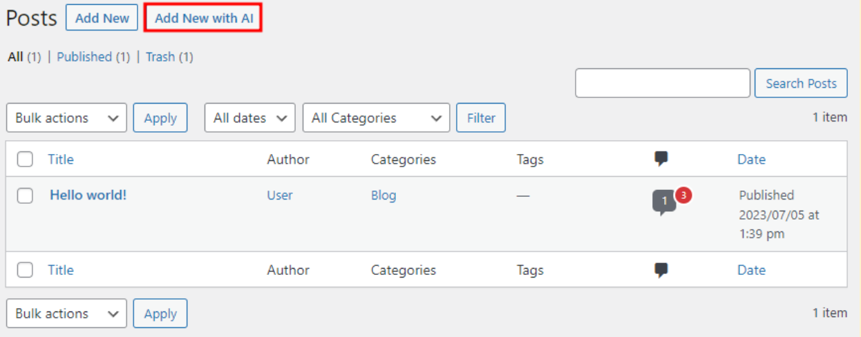 Panel de publicaciones de WordPress, con el botón Añadir nuevo con IA resaltado