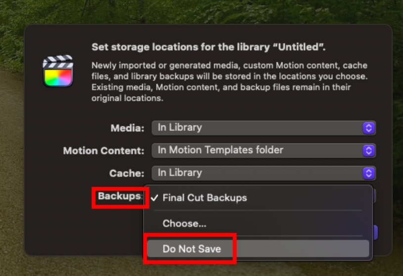 Screenshot of final cut pro backups setting