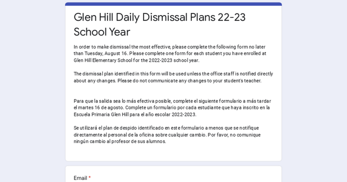 Glen Hill Daily Dismissal Plans 22-23 School Year