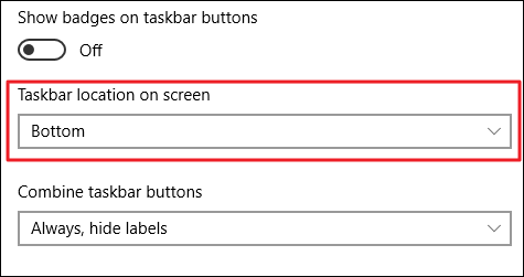 choosing taskbar location in settings