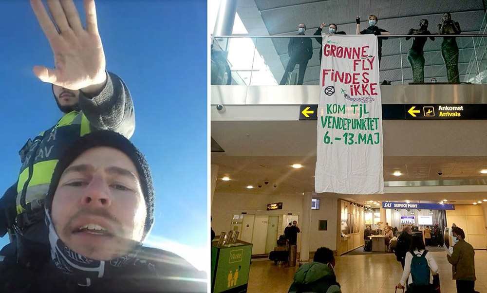 Left: A man looks to camera as a police officer approaches behind covering the lens with his hand. Right: Rebels drop a long banner inside an airport