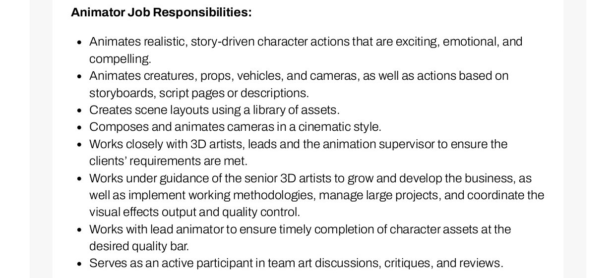 example of a list of animation job responsibilities
