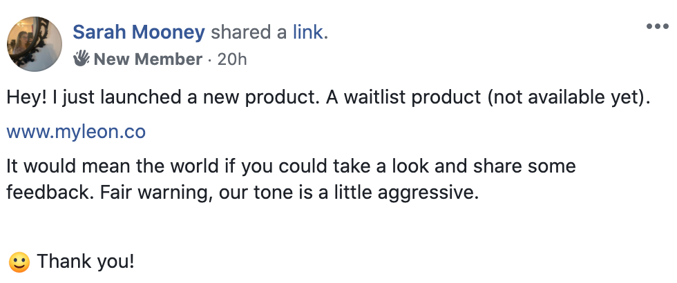 Screenshot of Sarah Mooney sharing announcement of product waitlist to a social media group as part of LEON pre launch marketing campaign strategy