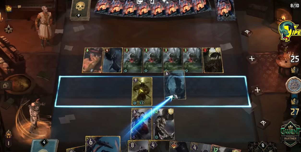 A screenshot of the game Gwent depicting a card battle