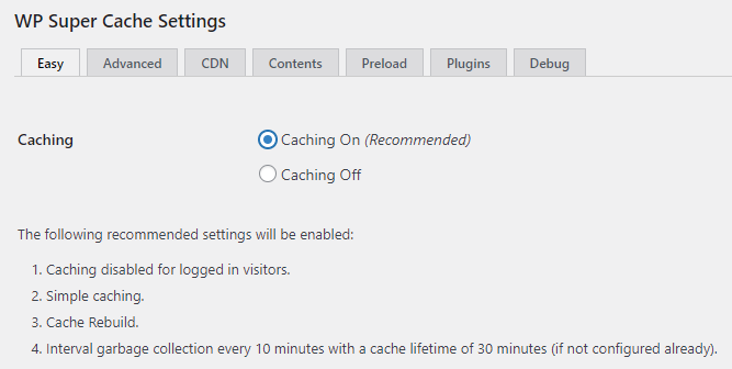 Enabling caching using the WP Super Cache plugin. 