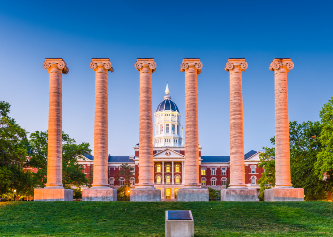 Large columns in front of the University of Missouri.