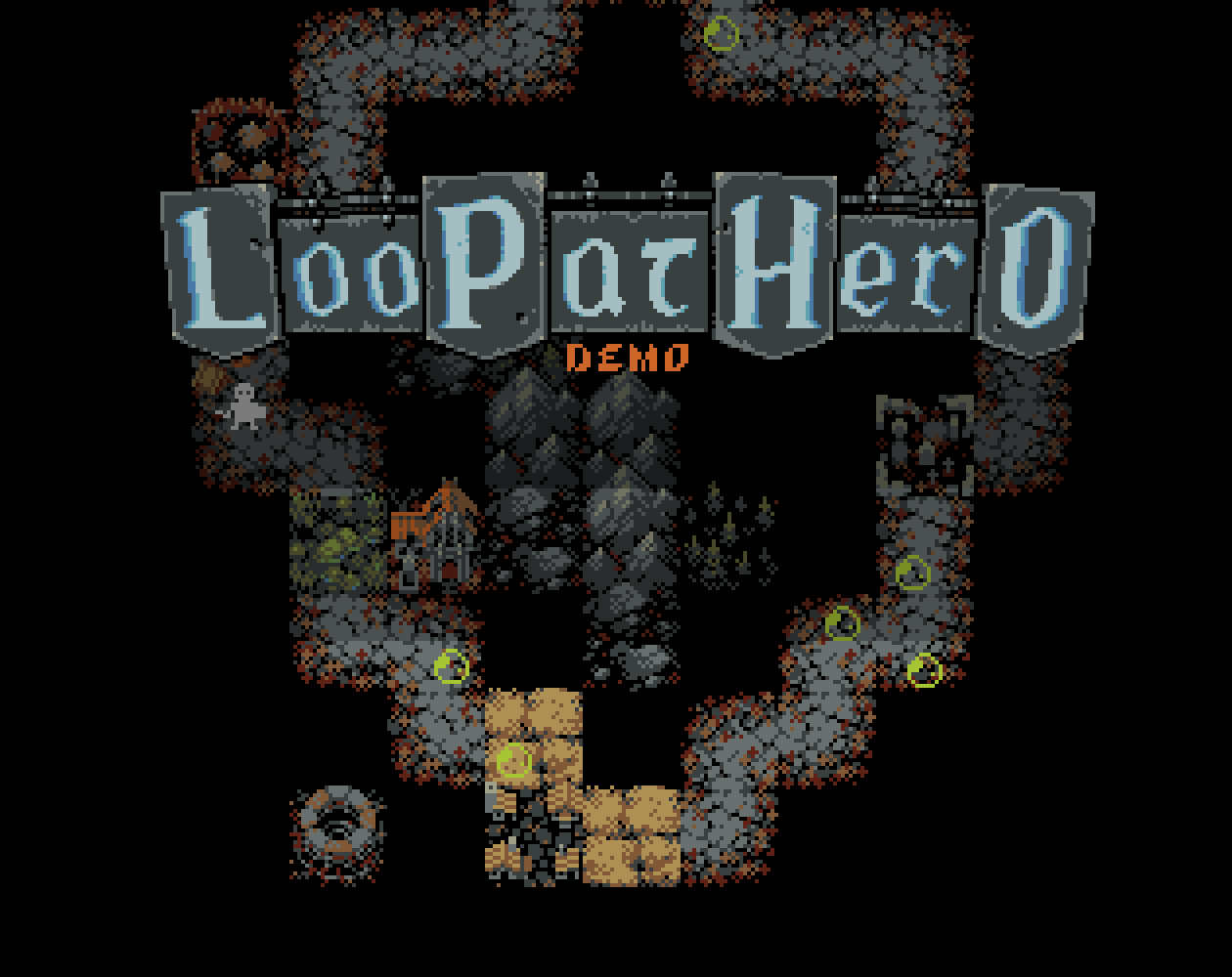 The text logo for Loop Hero's demo, LooPatHero, and an early look at the map.