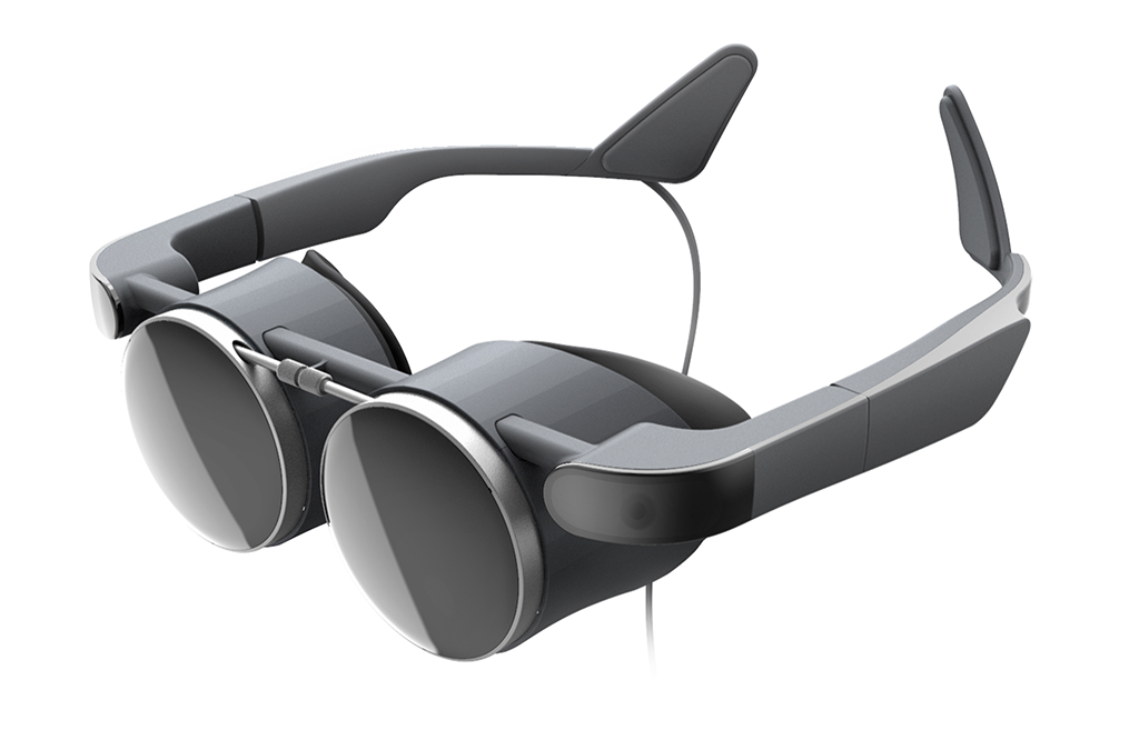close up image of the VR Glasses, angled to the left on a white background