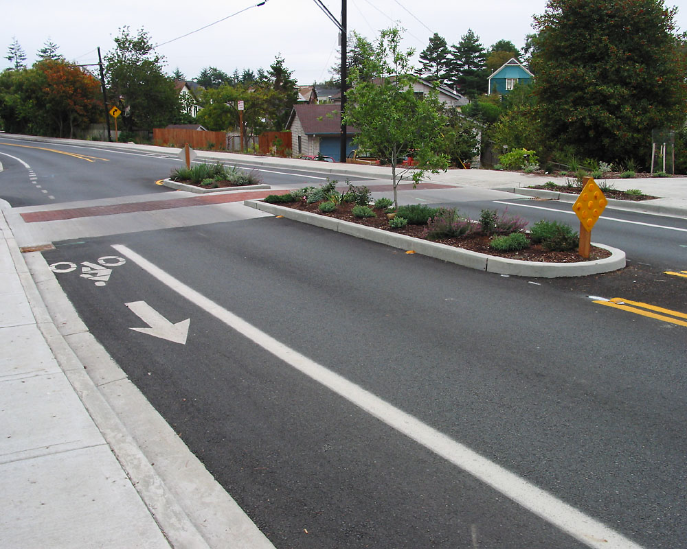 Raised crossing with pedestrian refuge islands between opposite direction travel lanes.