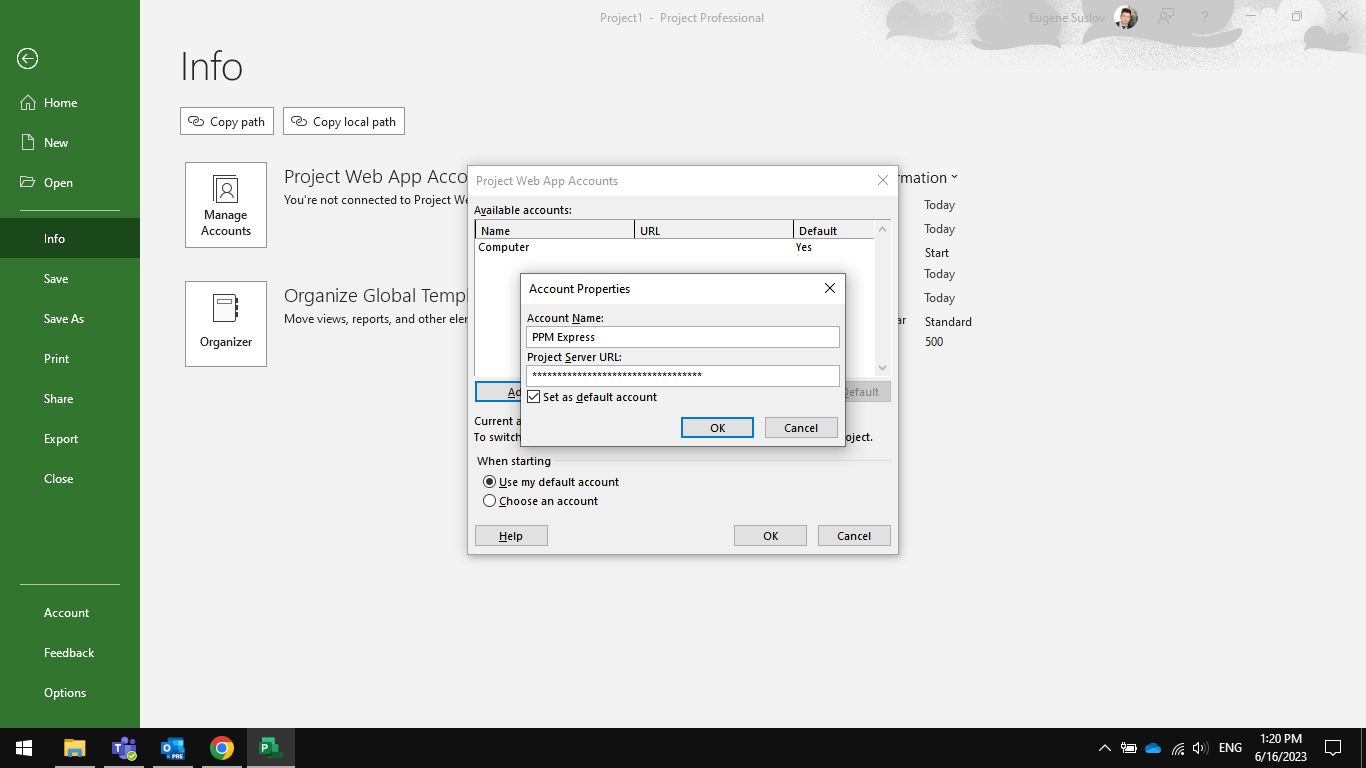 Entering account properties in Microsoft Project Desktop