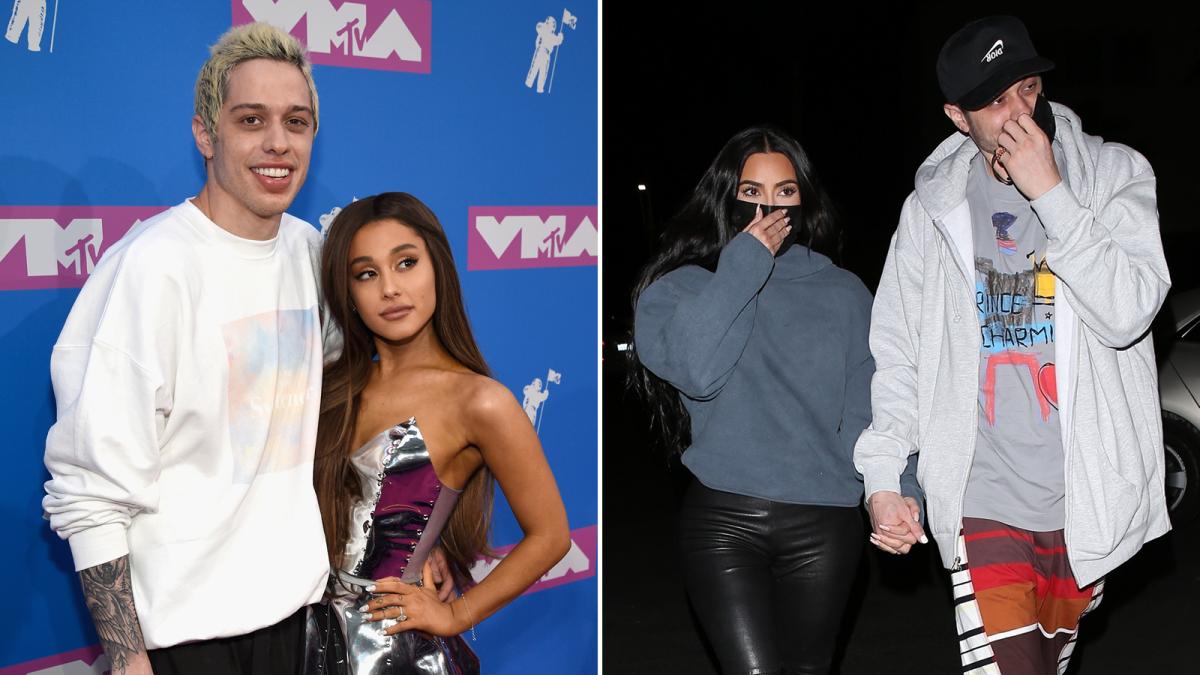 Pete Davidson with Ariana Grande in 2018 and with Kim Kardashian in Beverly Hills last month