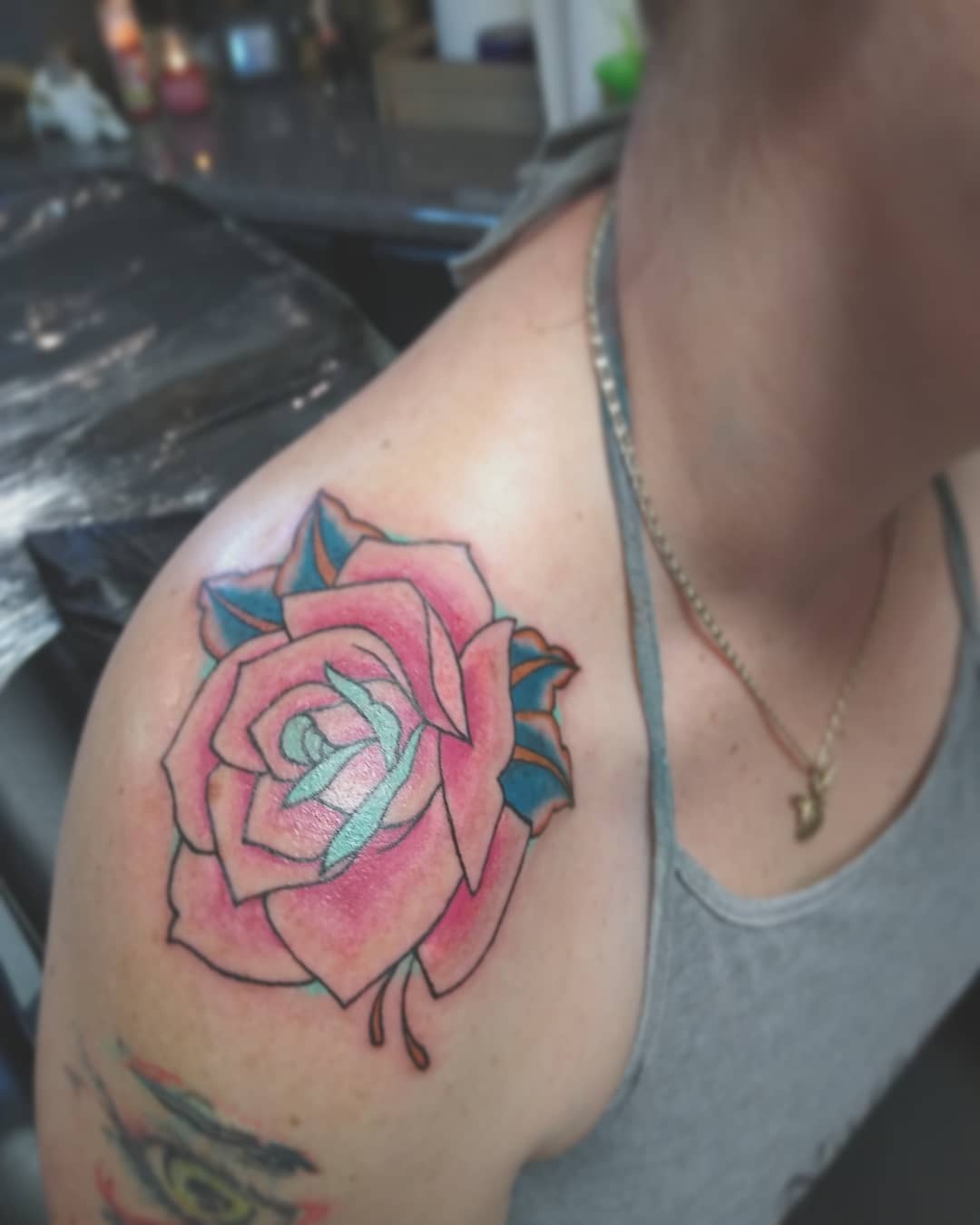 Amazing Pink Rose Shoulder Tattoo Design